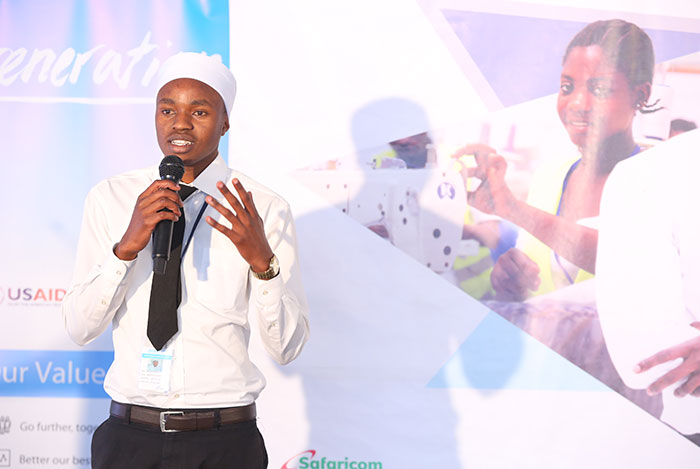 Ibrahim Waweru, a Generation Kenya student, presenting a poem to appreciate Generation and its funders